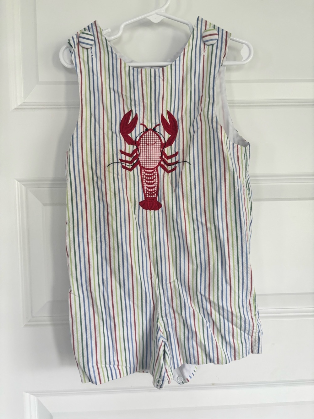 Zucchini Boys Striped Lobster Embroidered Romper - Red, Blue, Green Stripes